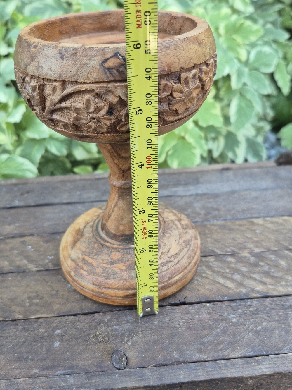 Vintage Hand Carved Wooden Pillar Candle Holder Stand | Rustic Boho Floral - Picture 12 of 13